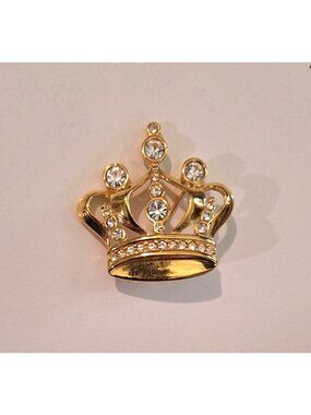 Premier Designs Crown-Shaped Vintage Pin Signed Gold Plated Crystals 1.5 Inch
